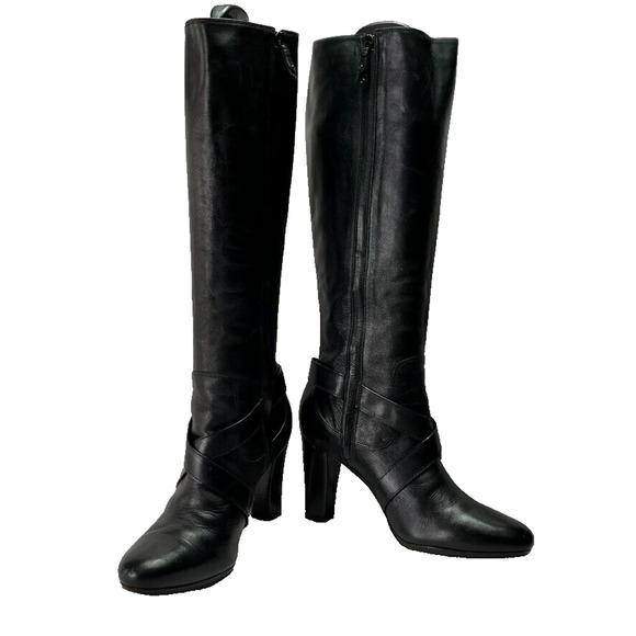 Cole Haan Boots Womens 9.5B Georgina Knee High Black Leather Heels Lined - Picture 1 of 11